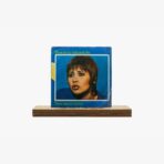 Blue vintage vinyl cover with a close-up of a woman with short brown hair, framed in white, resting on a wooden shelf.