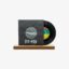 Black vinyl record partially pulled from a dark sleeve with a circular window, showing '33:45' on the cover, resting on a wooden base.