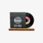 Black vinyl record partially pulled from a dark sleeve with a circular window, resting on a wooden display stand.