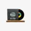 Black vinyl record partially slipped from a dark gray sleeve with a circular hole, on a wooden stand; the sleeve reads 33:45.