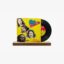 Yellow vinyl record cover with band portraits in a collage, record partly pulled out of sleeve on a wooden display stand.