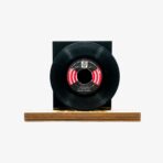 Black vinyl record mounted on a wooden pedestal, center label visible and slightly worn.