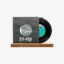 Black vinyl record partially visible from a gray sleeve with a circular window, resting on a wooden display base.