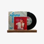 Vintage vinyl record with a smiling woman in a white outfit against a red background, leaning on her elbow, displayed on a wooden base with a worn album cover featuring blue text and an EKO label.