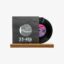 A black vinyl record partially pulled from a gray sleeve with a circular cutout, resting on a wooden display base, showing '33:45' on the sleeve edge.