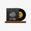 Vinyl record partially pulled from a black sleeve with a circular window, placed on a wooden stand.