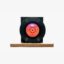 Black vinyl record mounted on a wooden rectangular base with a bright orange label facing outward.
