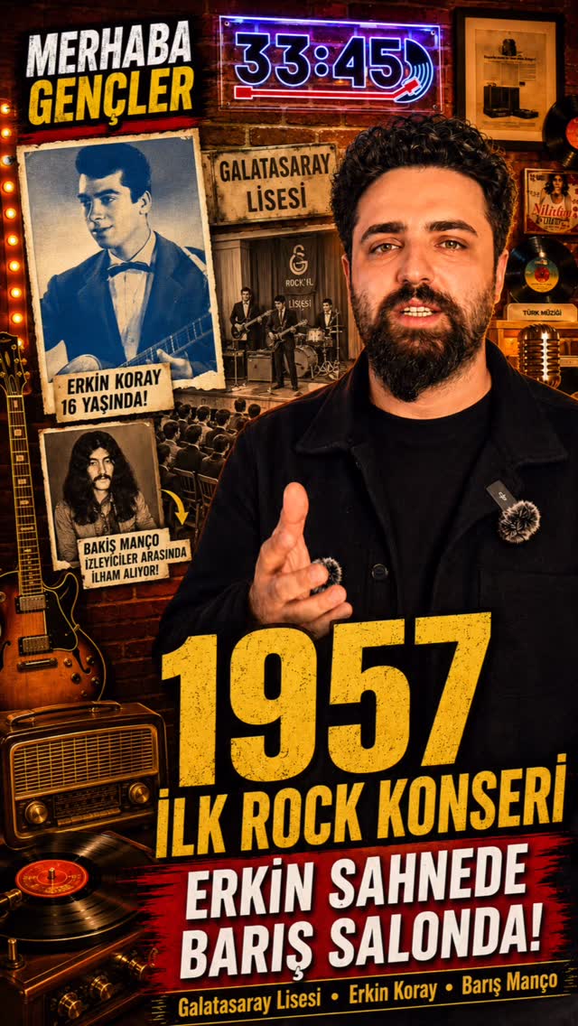 Promotional poster for a 1957 first rock concert in Turkey, featuring a bearded man gesturing, large yellow '1957 İlk Rock Konseri' text, and vintage photos.