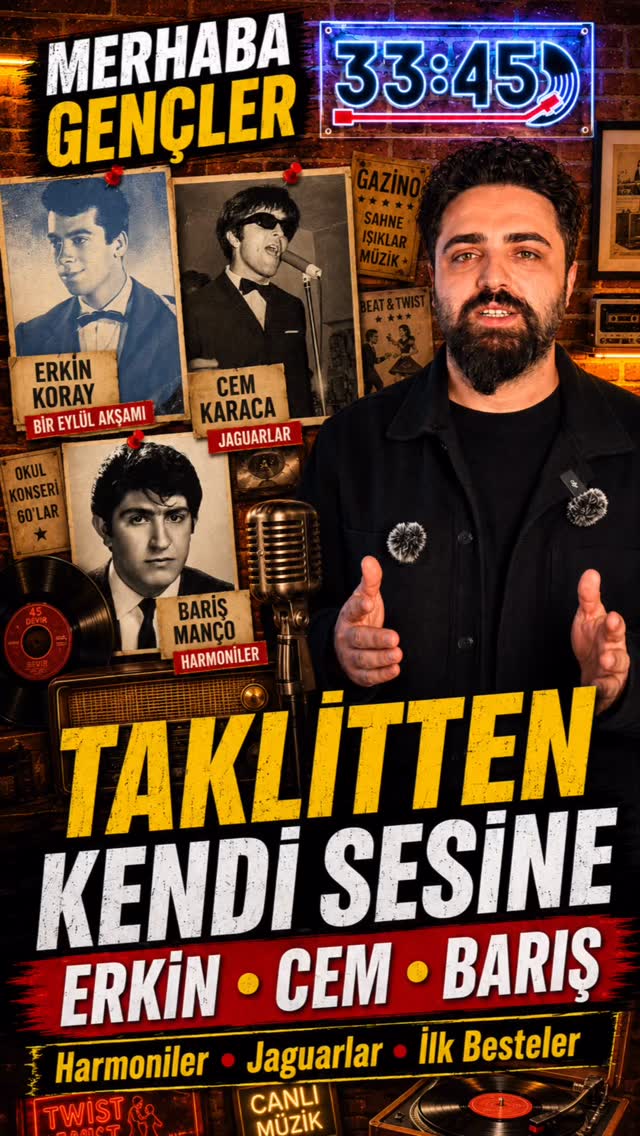 Promotional poster for a Turkish music show with a bearded host, retro musician posters on a brick wall, and bold yellow title 'TAKİTTEN KENDİ SESİNE'