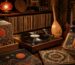 Turntable spinning vinyl records in a warm vintage room, with guitars, shelves of records, and retro decor in the background