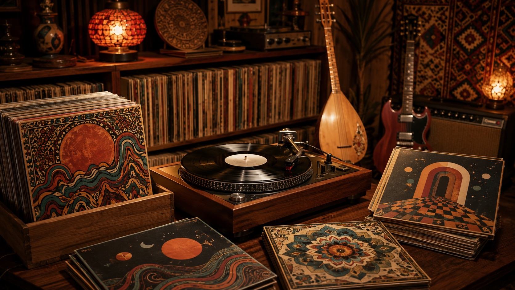 Turntable spinning vinyl records in a warm vintage room, with guitars, shelves of records, and retro decor in the background