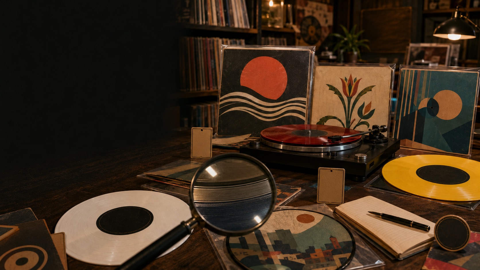 Turntable playing a red vinyl records on a wooden desk, surrounded by abstract album covers, a magnifying glass, and a notebook.