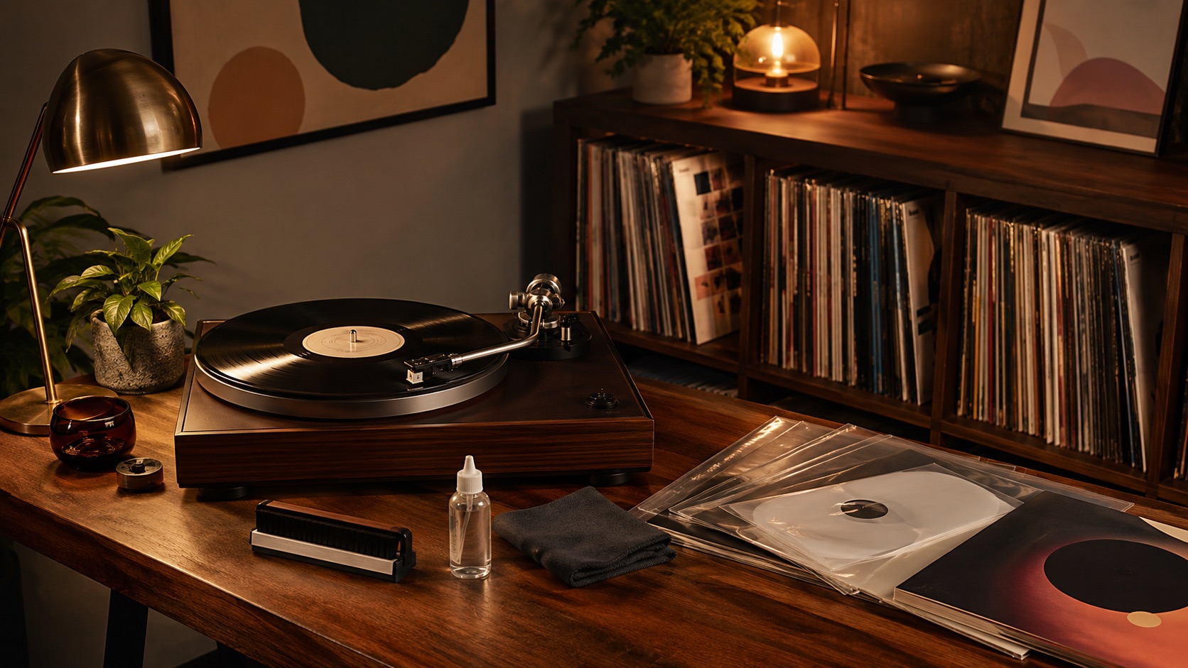 Turntable on a wooden desk with a spinning vinyl, surrounded by stacked records, a small plant, and a warm desk lamp.