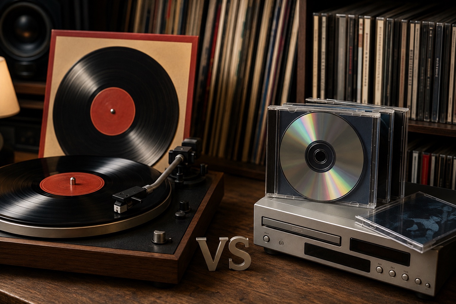 Turntable with a spinning vinyl record facing a CD player and stacked CDs, with metallic VS letters between them.